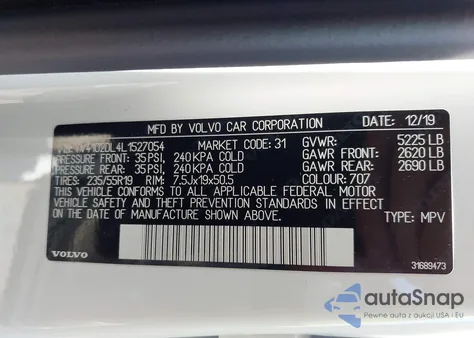 2020 Volvo Xc60 T5 Inscription из США, поврежденный, VIN YV4102DL4L1527054